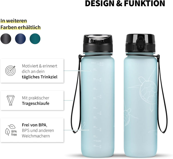 720°DGREE Trinkflasche 1l mit Motiv “uberBottle“ +Sieb - Auslaufsicher, Leicht, BPA-Frei, Bruchsiche