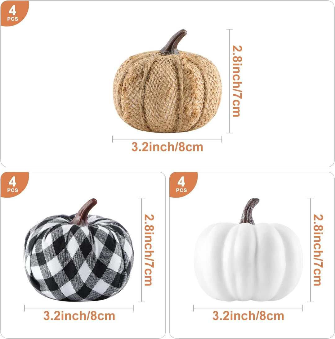 Benjia 12 Stück Kürbis Herbst Deko Dekoration Draussen, Leinen Klein Schwarz und weiss Karierter Sto