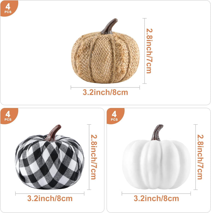 Benjia 12 Stück Kürbis Herbst Deko Dekoration Draussen, Leinen Klein Schwarz und weiss Karierter Sto