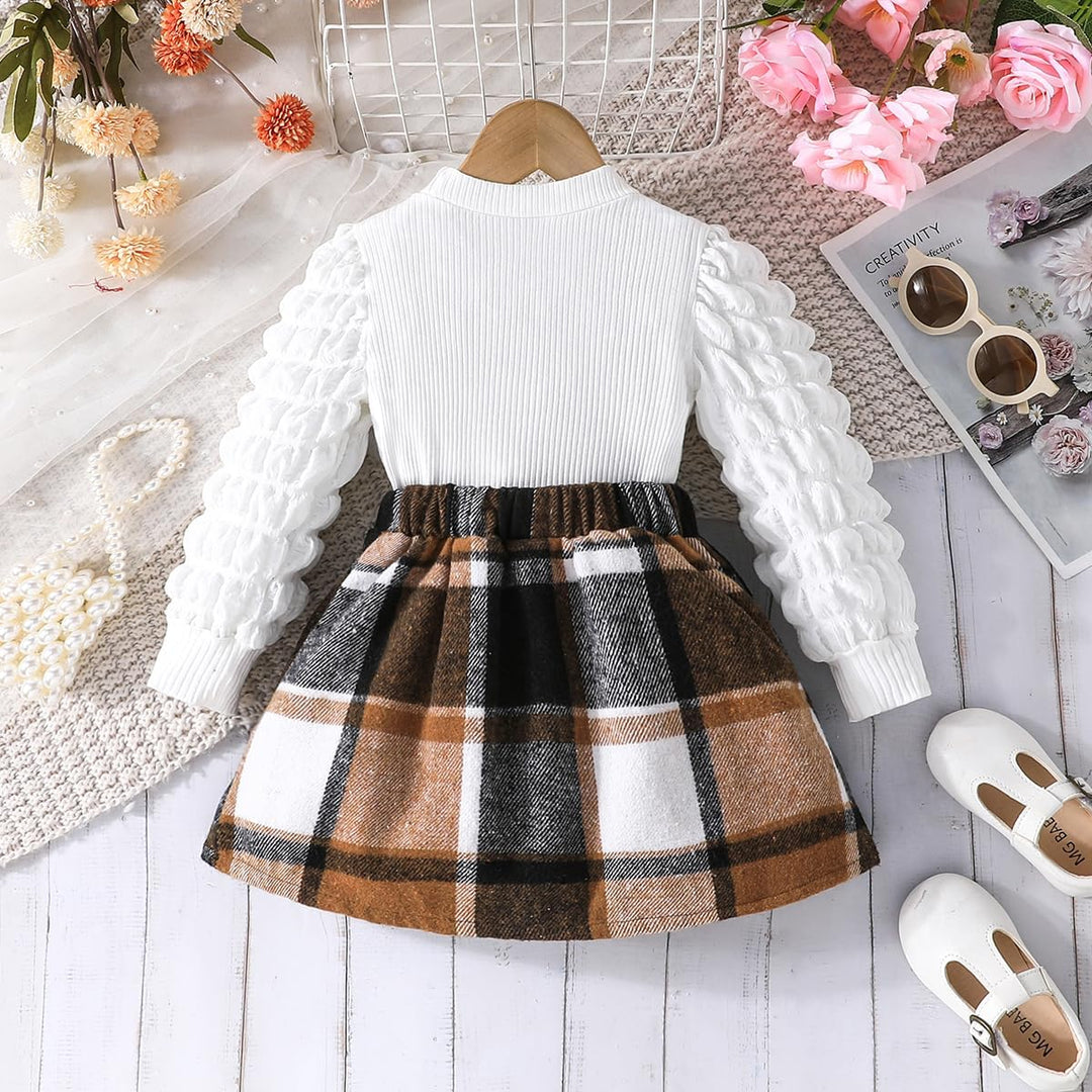 Kleinkind Mädchen Kleidung Puffärmel Langarm Gerippte Oberteile + Bowknot Plaid Mini Rock 2 Stück He