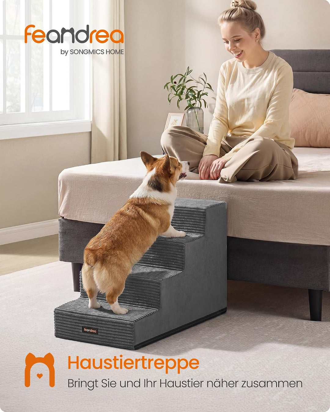 Feandrea Hundetreppe, 4 Stufen Katzentreppe aus Schaumstoff, Hunderampe für Kleine Hunde, 62 x 40 x