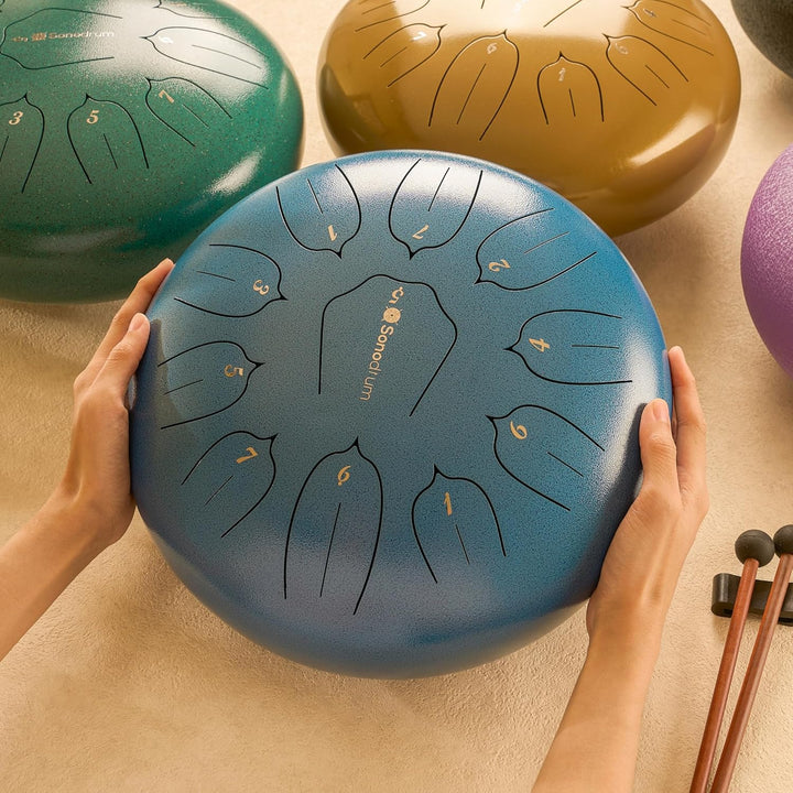 Sonodrum Zungentrommel "Standard 30cm D-Dur" in Blau - Tongue Drum inkl. Schlägel, gratis Liederbuch
