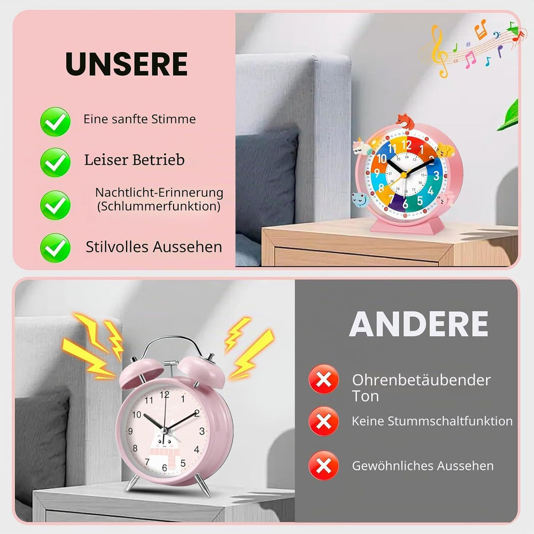 Wecker Kinder, Kinderwecker für Schulanfänge, Kein Tickendes Geräusch, Mit Nachtlicht und Schlummerf