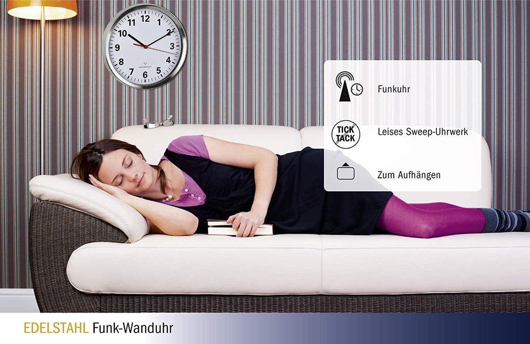 TFA Dostmann Funkwanduhr, mit geräuscharmen Sweep Uhrwerk, Glas, leise, analoge Wanduhr, edelstahl/w