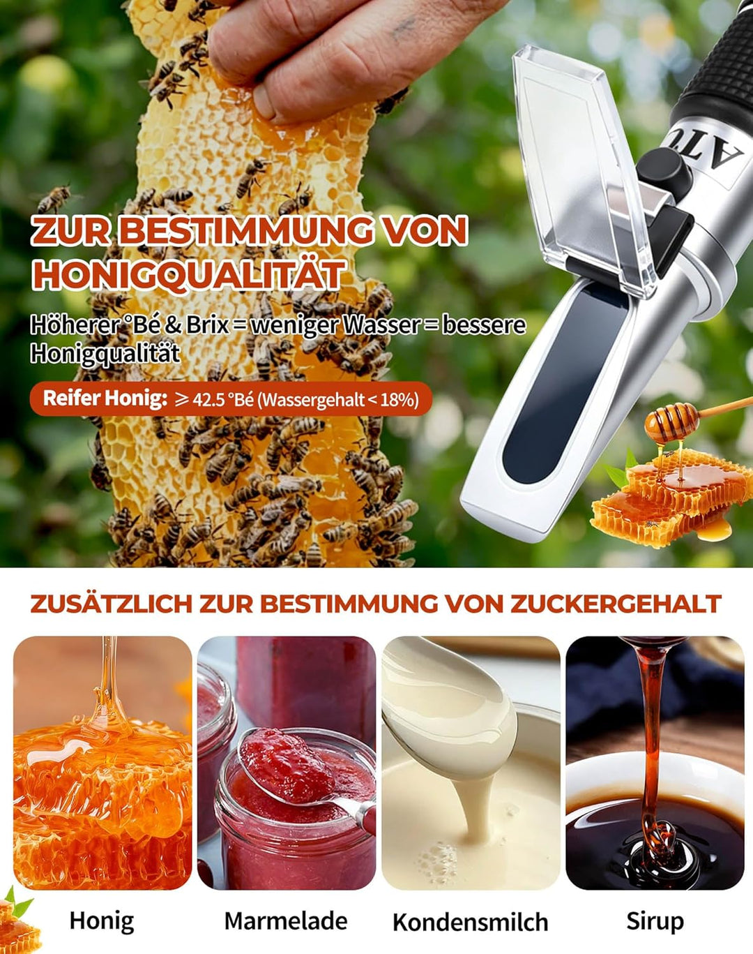 LAOYE 3IN1 Refraktometer Honig Wassergehalt 12-27% Brix 58–92% Baumé 38-43°Bé Imker Refraktometer Ho