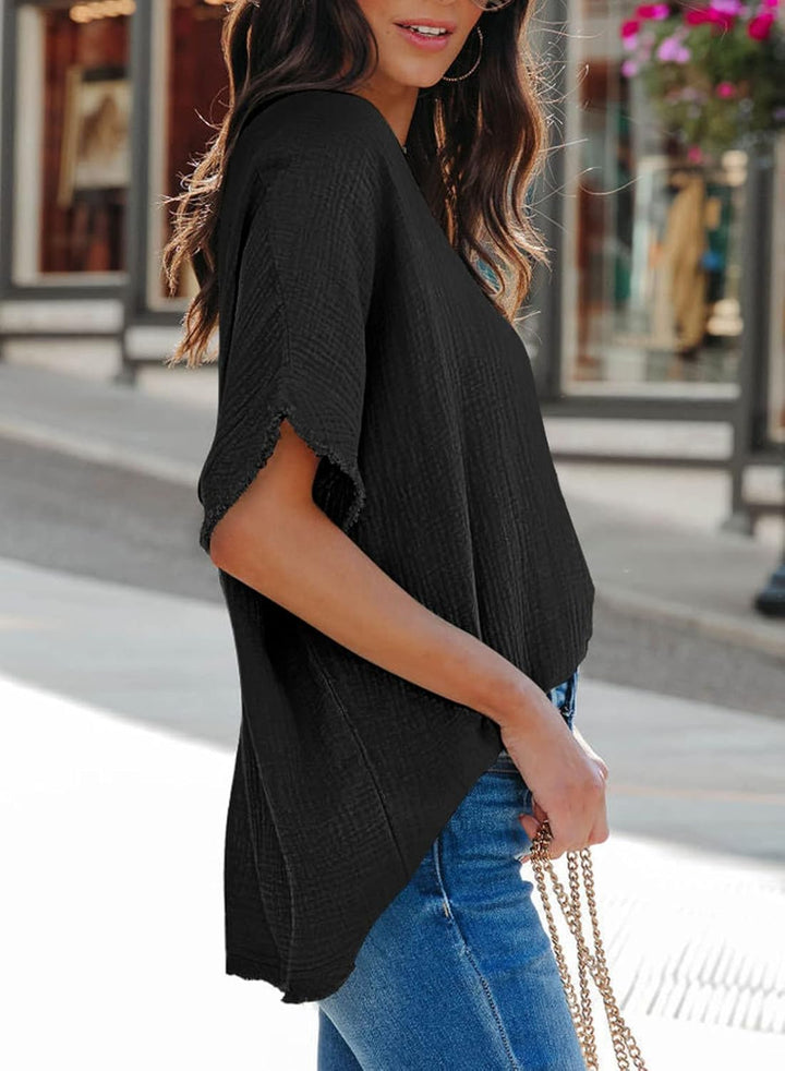 Dokotoo Damen Bluse V-Ausschnitt Musselin Tunika Shirt Oberteil Sommer Kurzarm Locker Longshirt Tops