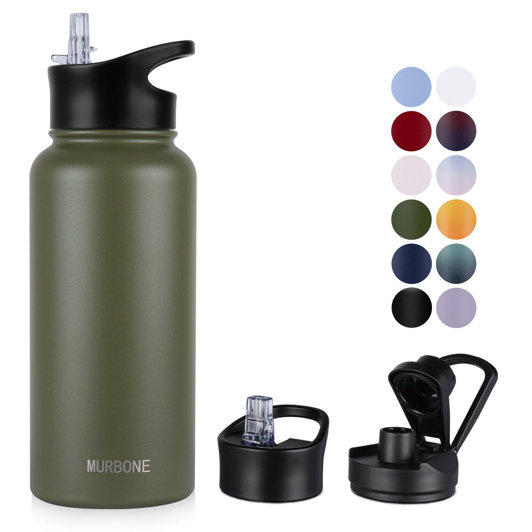 Edelstahl Trinkflasche 1L, (+2 Deckel)-mit Strohhalm,BPA frei,Thermosflasche Auslaufsicher,Kohlensäu