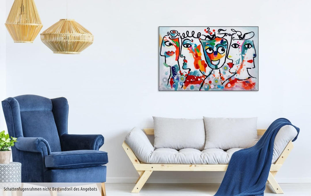 KunstLoft Leinwandbild | 100% HANDGEMALT | 90x60cm | Gemälde 'Kosmopoliten' | Gesicht | Bunt | Wandb