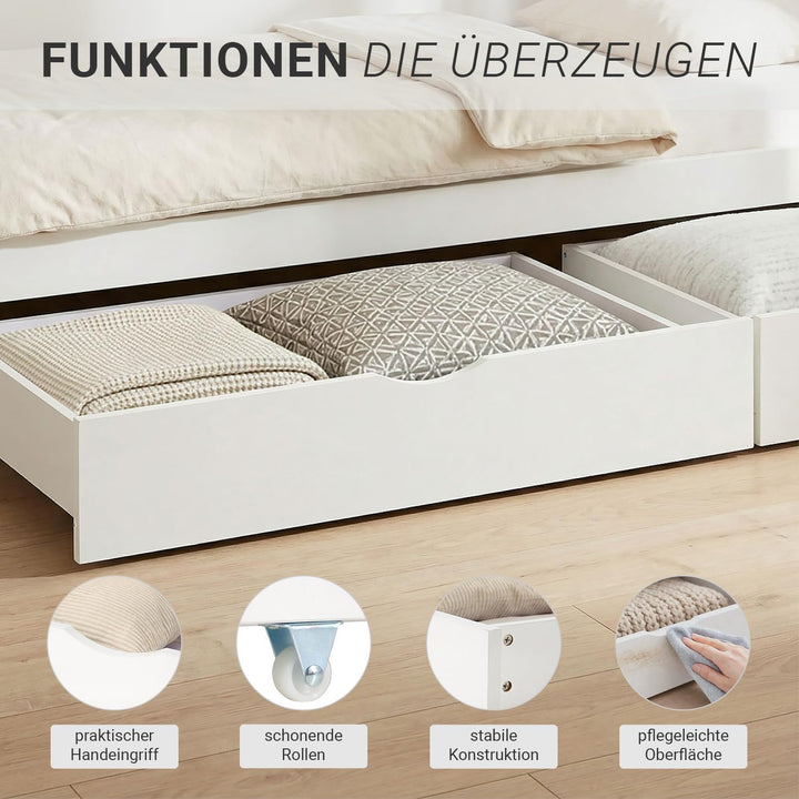 Homestyle4u 2er Set Bettkästen mit Rollen Weiss - Kiefer Bettschubladen | Stabiler Unterbettkasten a