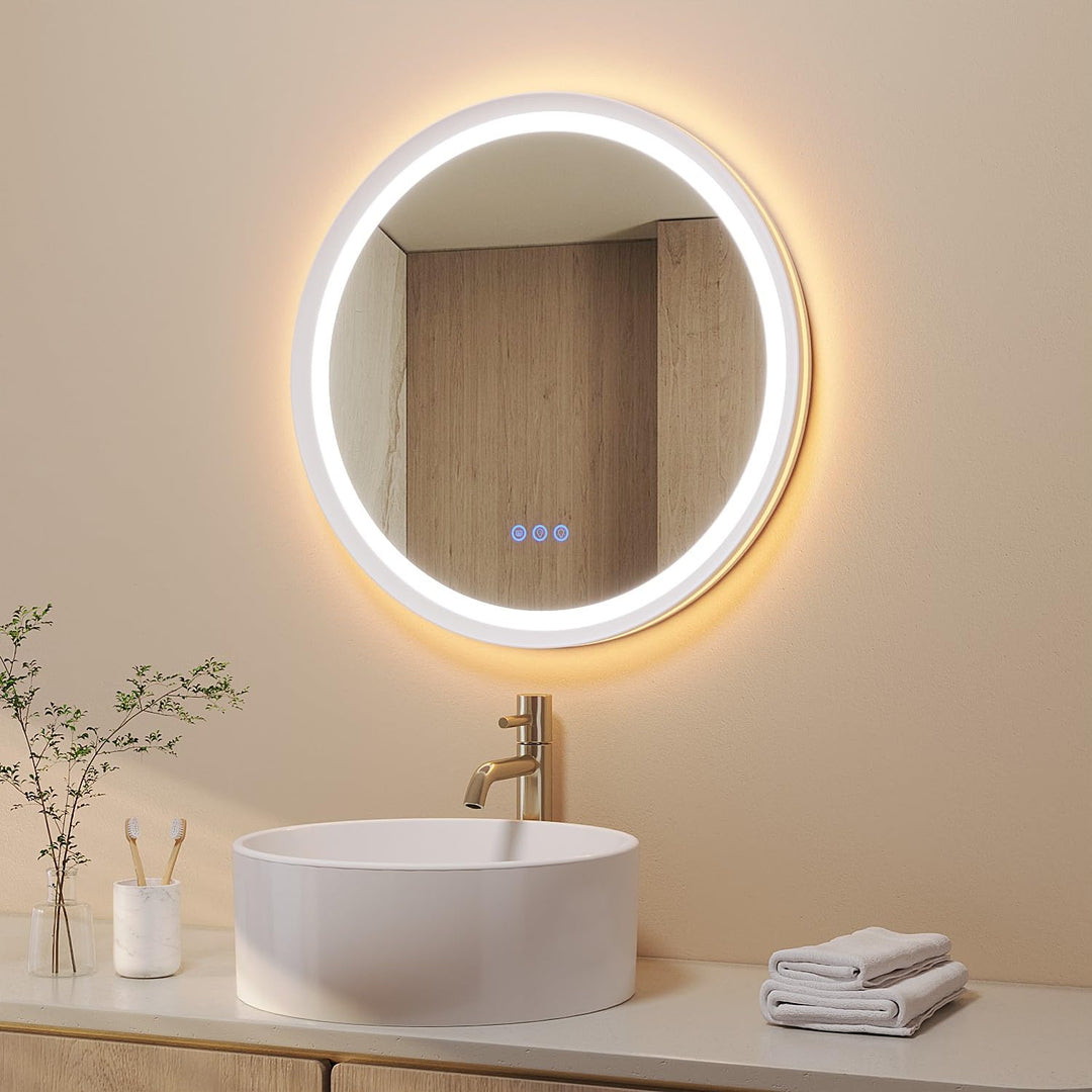 AQUABATOS Badspiegel mit Beleuchtung Rund 60 cm Aluminiumrahmen Schrägdesign weiss matt direkte und