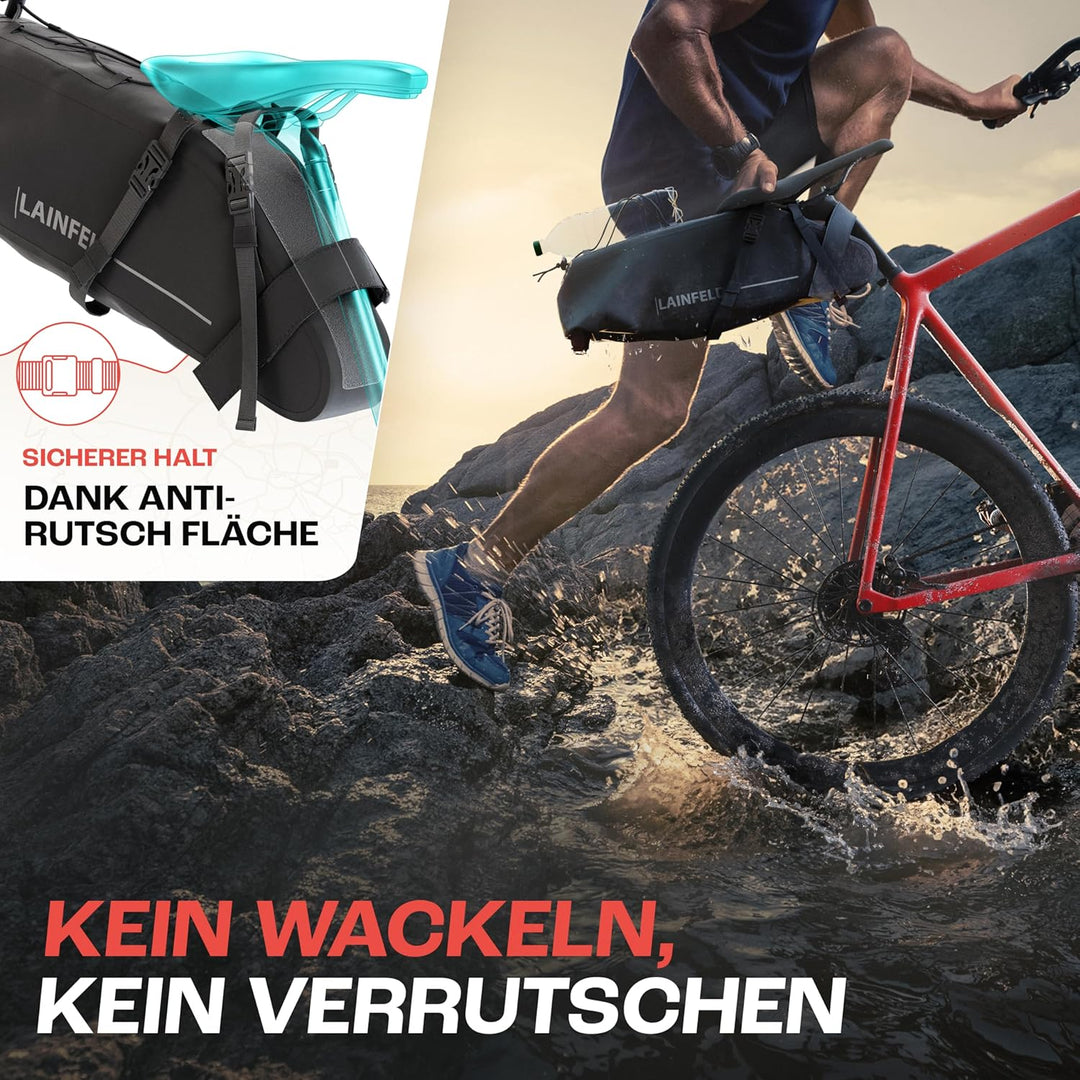 Fahrrad Satteltasche [10 Liter] | 100% Wasserdicht | Reflektierender Aufdruck - Bikepacking E-Bike M