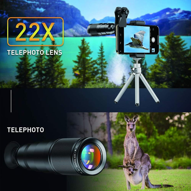 APEXEL Phone Lens Kits-22x Teleobjektiv / 205 °Fisheye-Objektiv / 120 °Weitwinkelobjektiv / 20x Makr