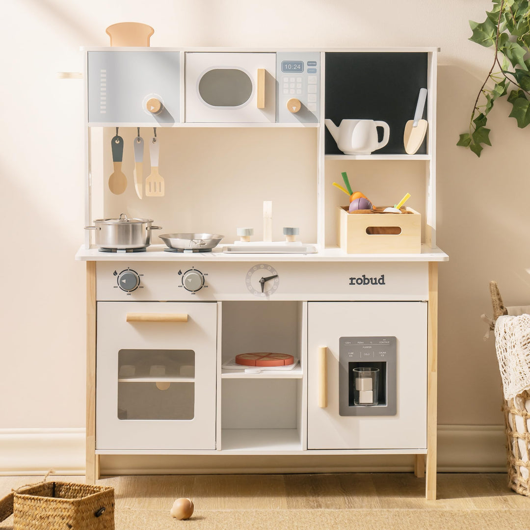 ROBUD Spielküche für Kinder, Kinderküche Holz mit Pflanzkasten & Toaster & Eismaschine & Schneiden S