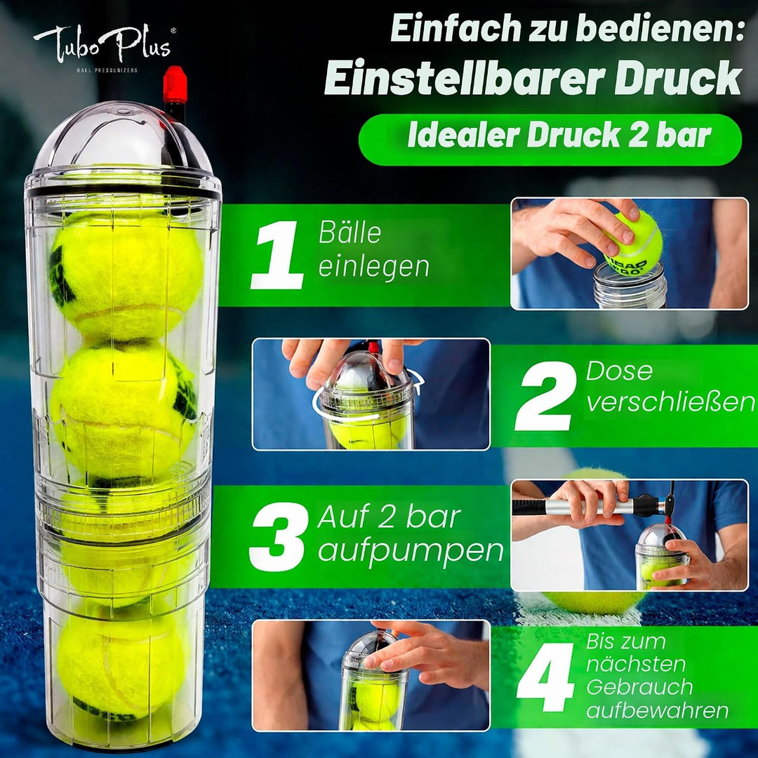 TUBOPLUS - Druckbehälter für Padel- und Tennisbälle | TUBOX4 Crystal (ohne Pumpe) | Kompressor für B