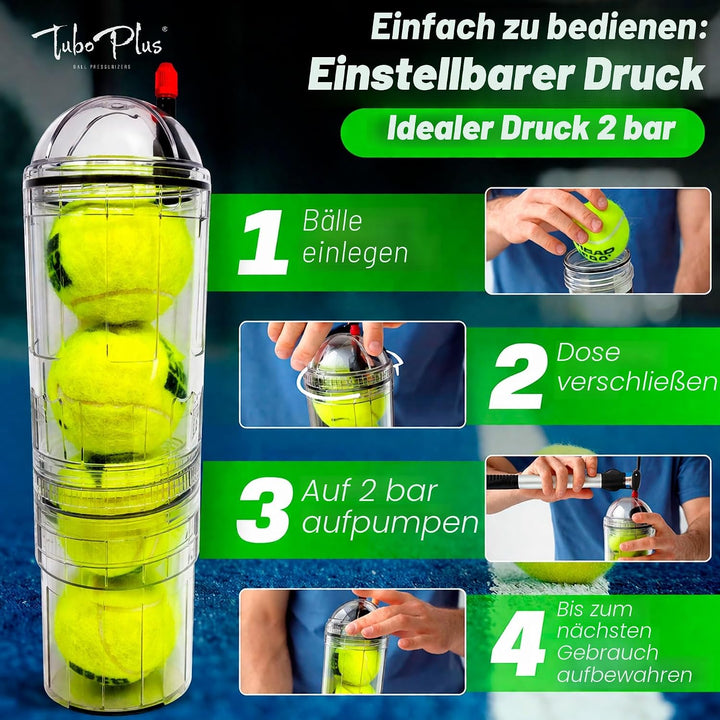 TUBOPLUS - Druckbehälter für Padel- und Tennisbälle | TUBOX4 Crystal (ohne Pumpe) | Kompressor für B
