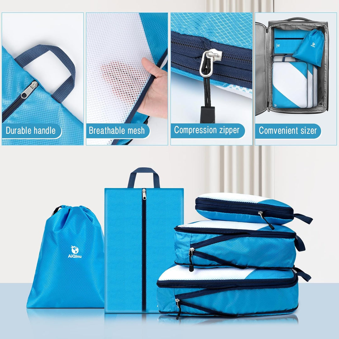 AiQInu Packing Cubes Compression, 5 Stück Packtaschen Kompression Koffer Organizer Set mit Wäschebeu