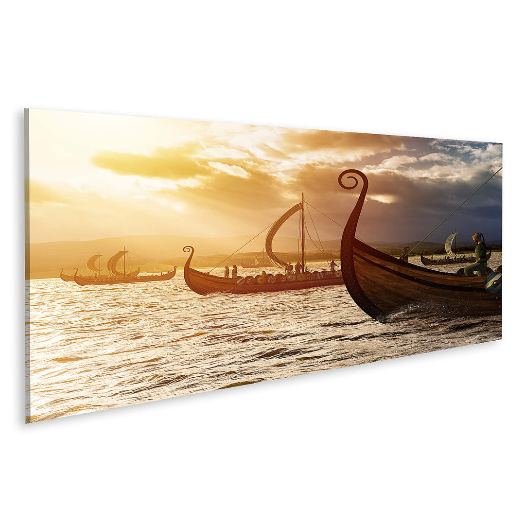 islandburner Bild auf Leinwand Wikinger Sturm Schiffe Meer Bilder Wandbilder Poster Leinwand 120x40c
