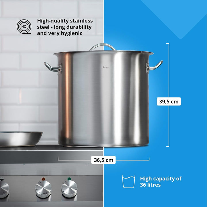 Royal Catering RCST-36LI4.1 Edelstahltopf mit Deckel Edelstahlkochtopf Kochtopf Induktion (36 Liter,