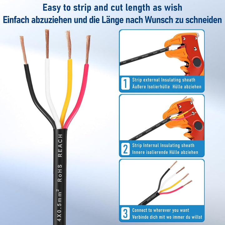 4 Adriges Anhängerkabel KFZ Kabel 5M, Fahrzeugkabel 4 adrig für Anhänger Beleuchtung Rücklichter, 4