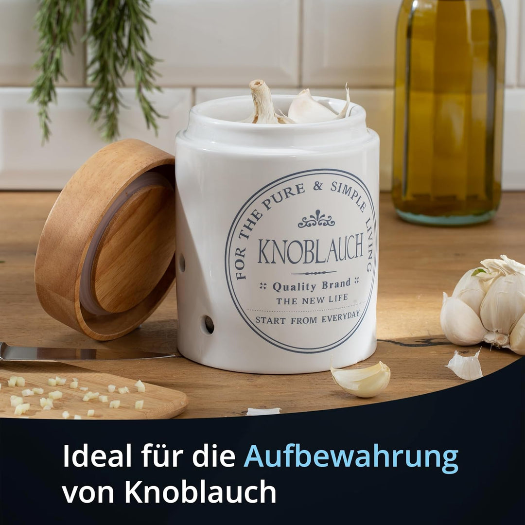 KHG Vorratsdosen Set Kartoffel-, Zwiebel- & Knoblauch, Keramik Steingut Weiss Holz-Deckel Bambus, Vo