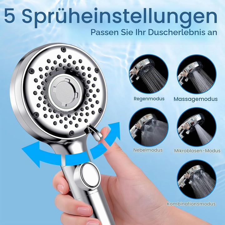 Luxear Duschkopf mit Filter, 5 Strahlarten Hochdruck Duschbrause mit Stoppfunktion Mikroblasen-Techn