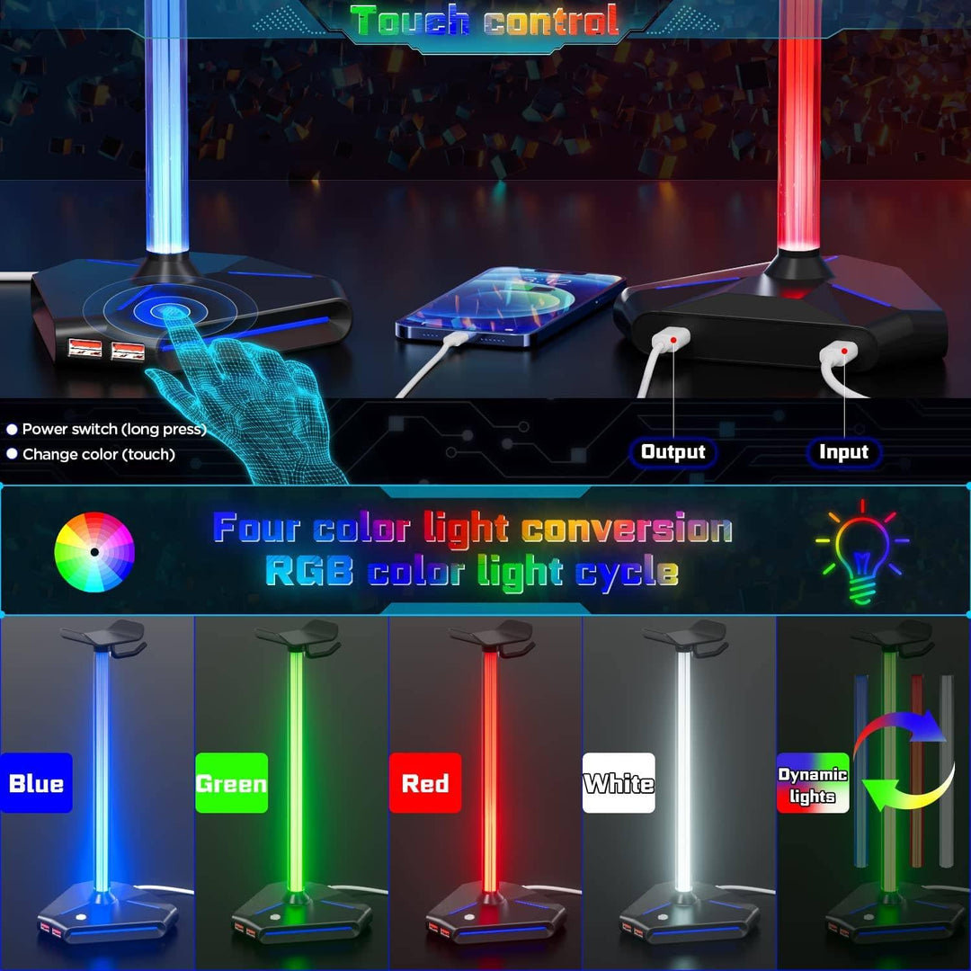 ALACOO RGB Kopfhörer Ständer, Headset Halterung Halter mit 2 USB 2.0-Anschlüssen, Typ C Eingang & Au