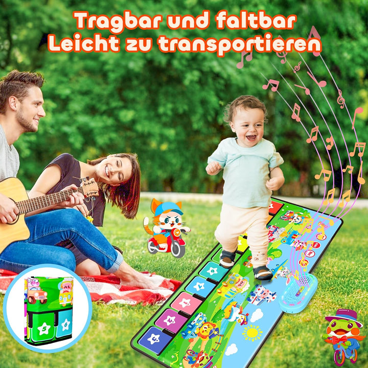 MOMUSE Baby Spielzeug ab 1 Jahr mit 80 Tönen, Upgraded Musik Matte mit 10 Tiere &amp; 10 Autos, Klavierm