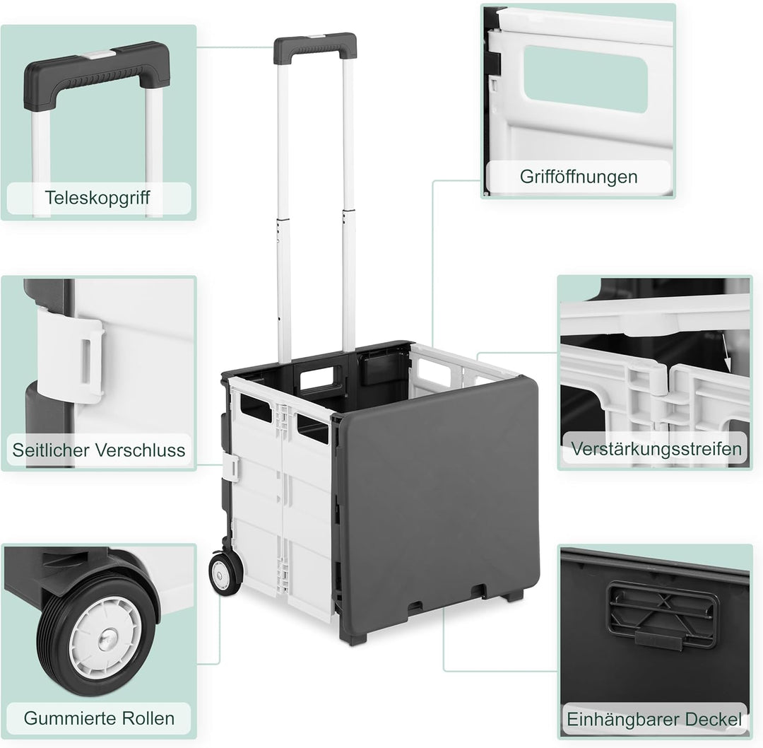 Relaxdays Einkaufstrolley, klappbar, Einkaufskorb mit Rollen, Deckel & Teleskopgriff, bis 35 kg, Rol