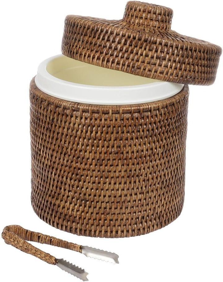 Eiskübel/Eiseimer mit Deckel und Zange, aus Kunststoff &amp; geflochtenem Rattan, Ø 20 x H 25 cm / 2,5 L