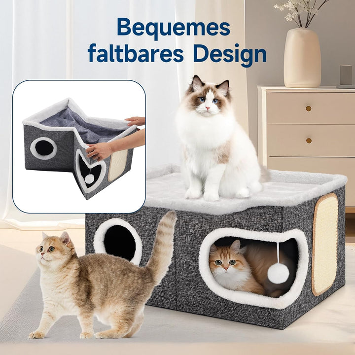 Shikha Faltbares Katzenhöhle, Katzenhaus Indoor grosse Katzen, 61T*45B*32H cm 2 Schicht Katzenwürfel