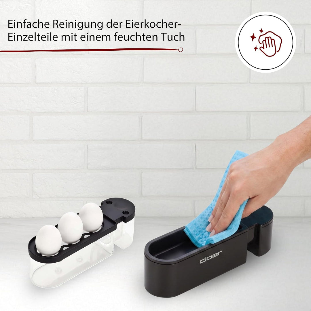 Cloer 6020 Eierkocher, bis zu 3 Eier, herausnehmbarer Eierträger, Servierfunktion, 300 Watt, Kunstst