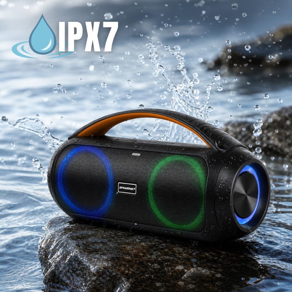 DYNASONIC D93 Tragbarer Bluetooth Lautsprecher IPX7. Kabelloser Outdoor-Lautsprecher. Stereoanlage.