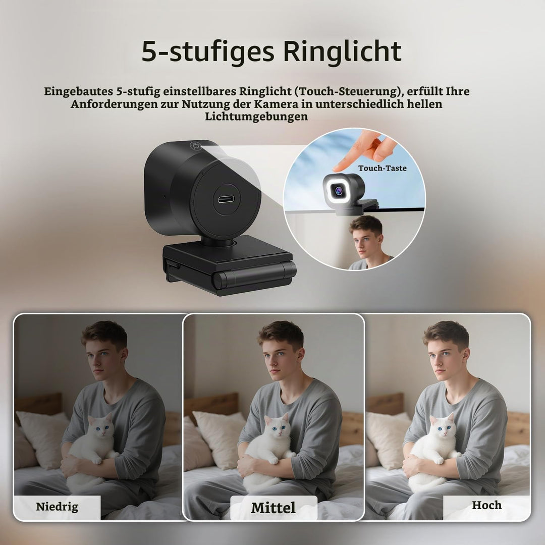 TOALLIN 4K-Webcam mit Ringlicht, Fernbedienung, PDAF-Autofokus, 1/2,5-Zoll-Sensor und 12 MP, integri