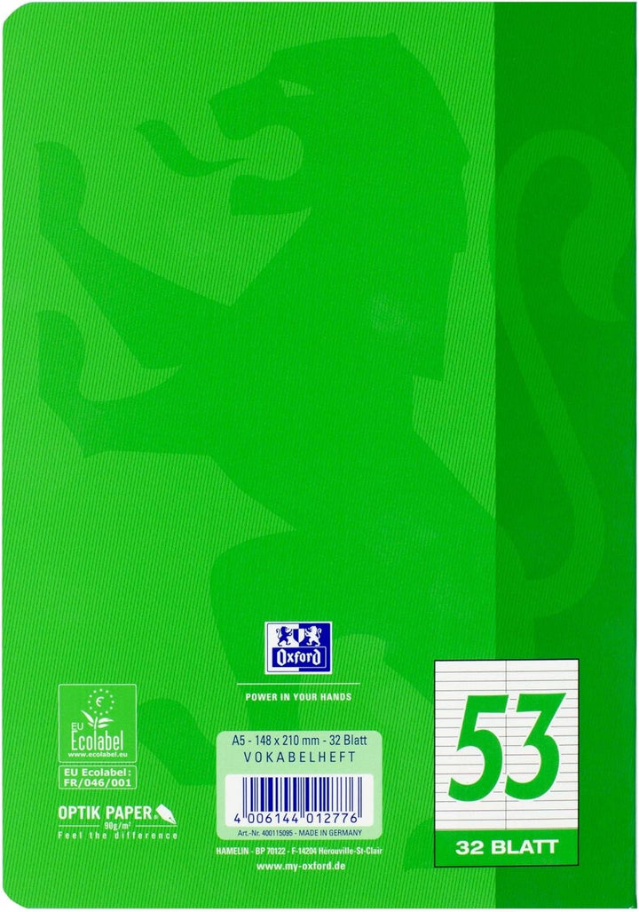 Oxford Vokabelheft A5, Lineatur 53 (2 Spalten), 32 Blatt, grün, 10 Stück, Grün