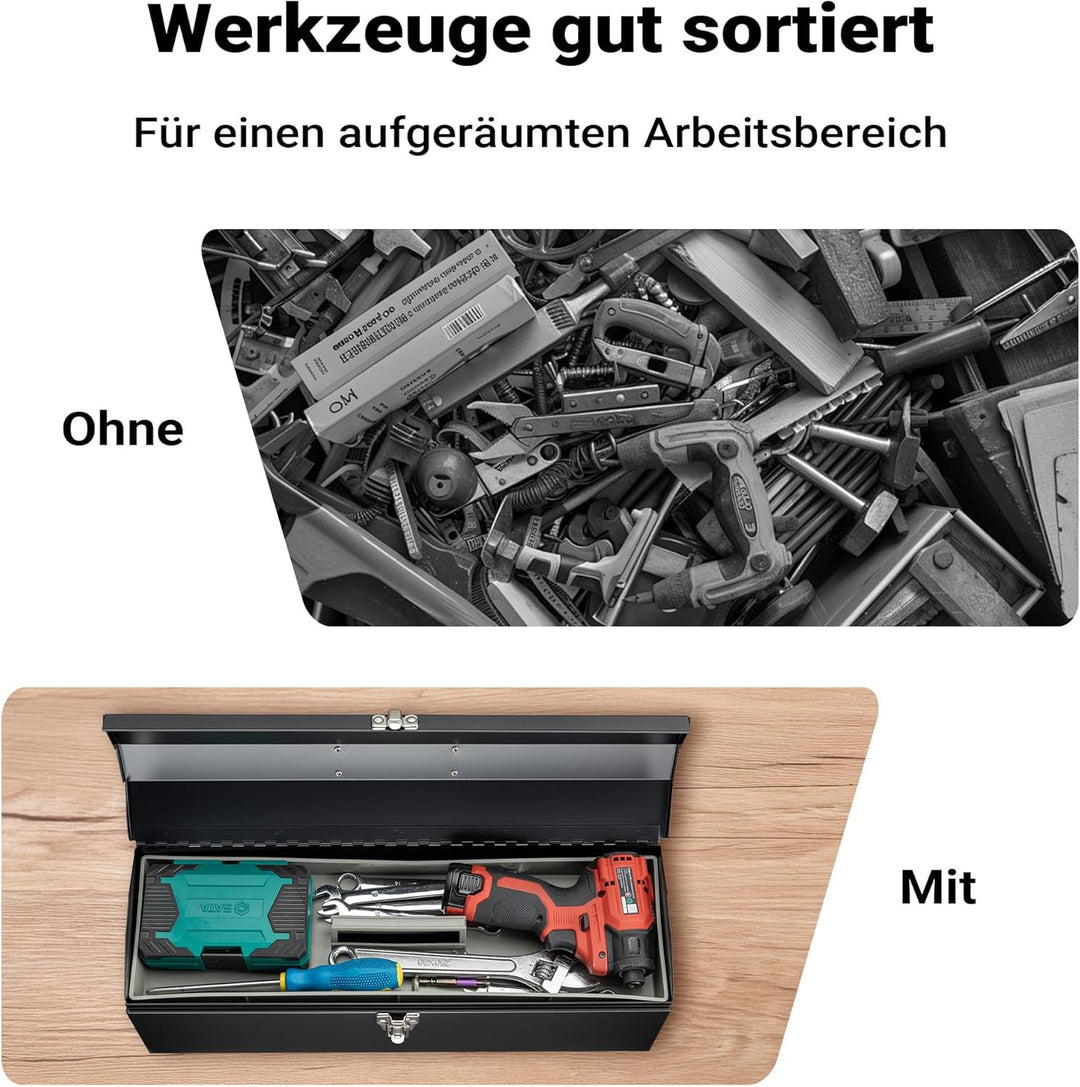 Wiltec Werkzeugkasten 484 x 154 x 165 mm aus Stahl, Werkzeugkoffer mit herausnehmbarer Ablage und Ha