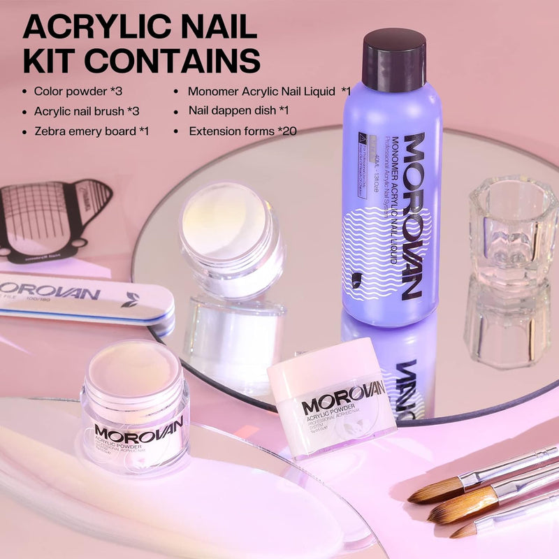 Morovan Acryl Nagelset Starterset Komplett - 3 Farben Acryl Pulver Nails mit 3 Acryl Pinsel für Näge