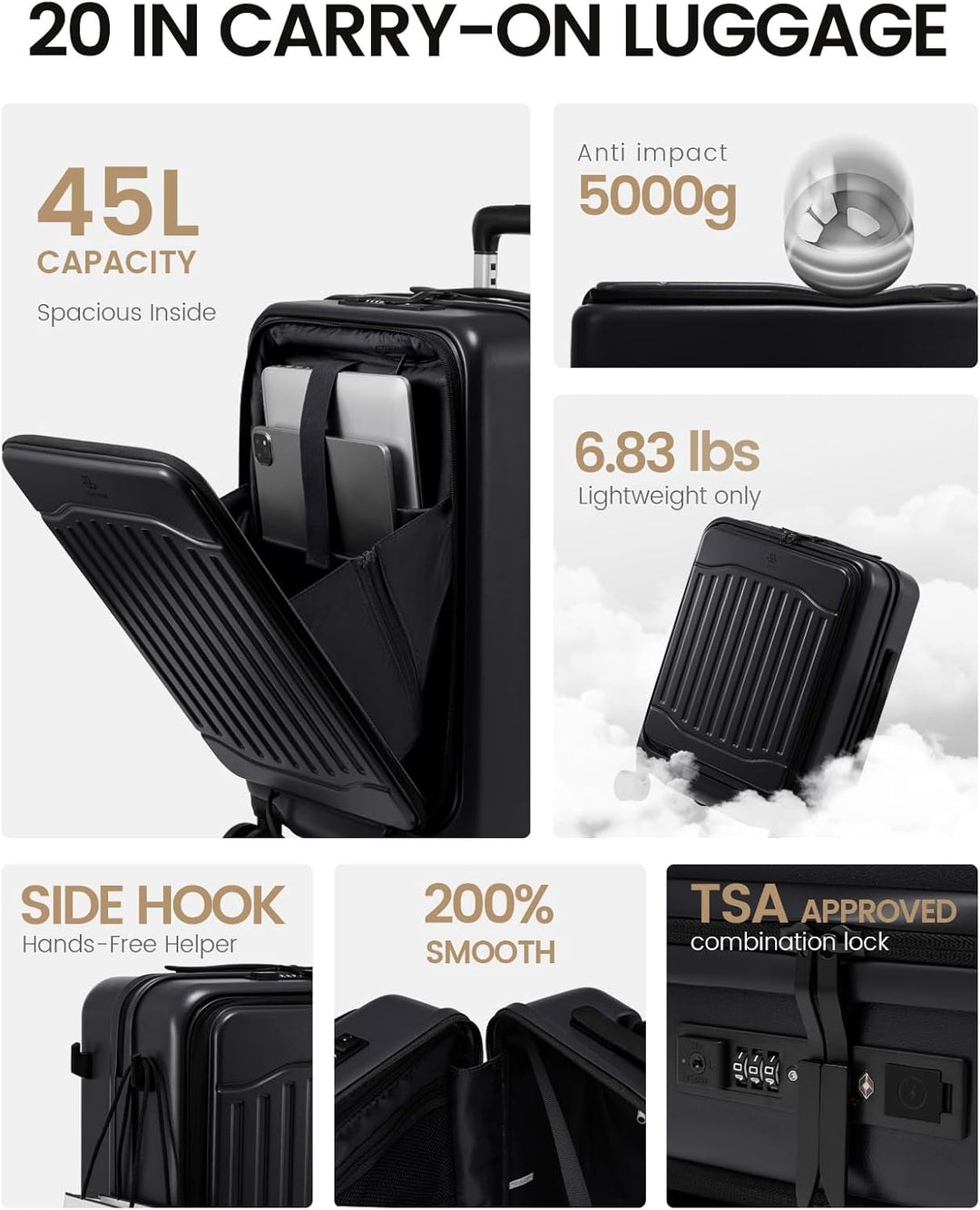 LOVEVOOK Handgepäck Koffer mit TSA, 100% PC Rollkoffer Reisekoffer Hartschalen, Klein Cabin Suitcase