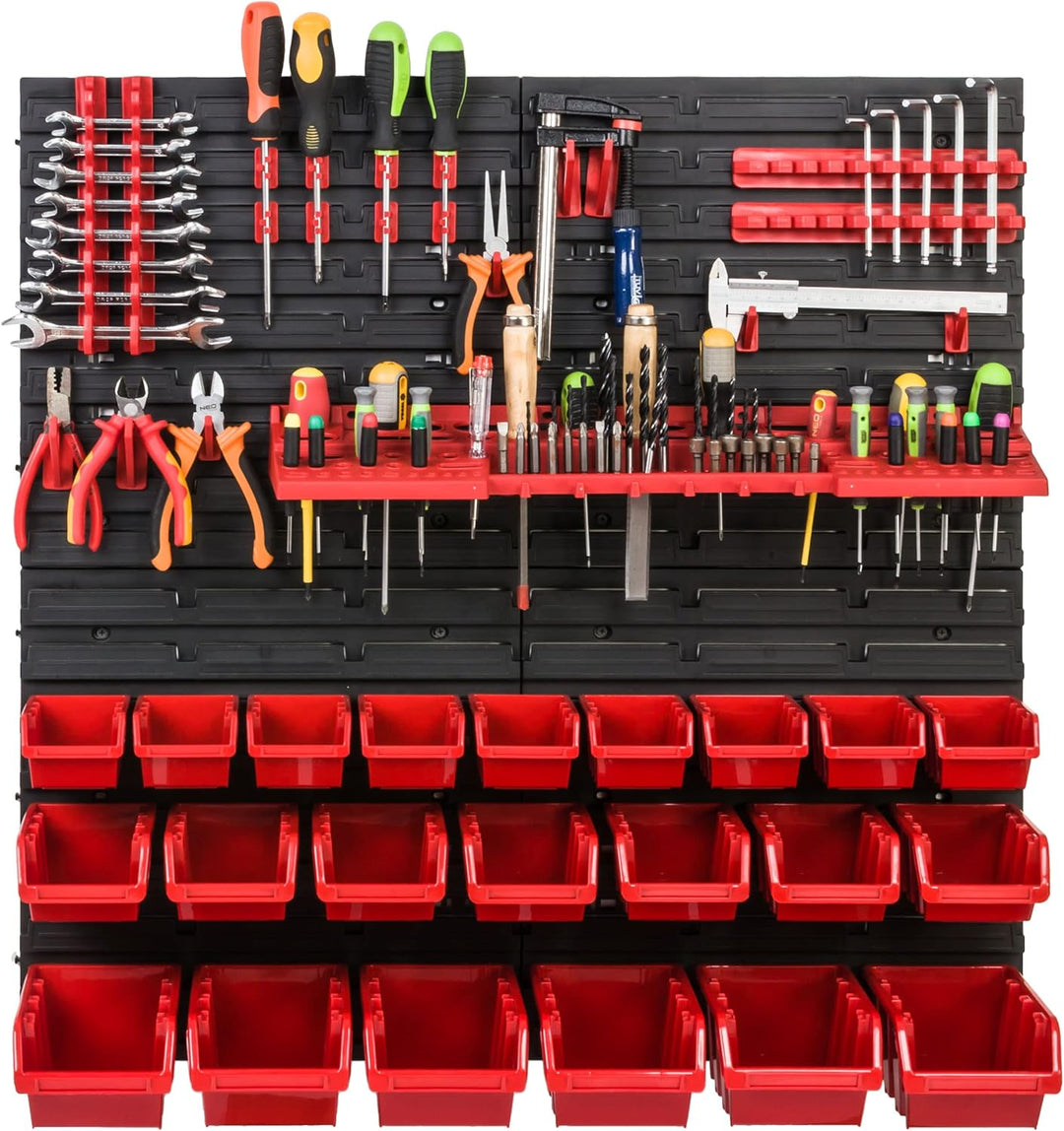 Lagersystem Werkstattregal | 78 x78 cm | 22 stck. Box | Wandregal mit Werkzeughalterungen und Stapel