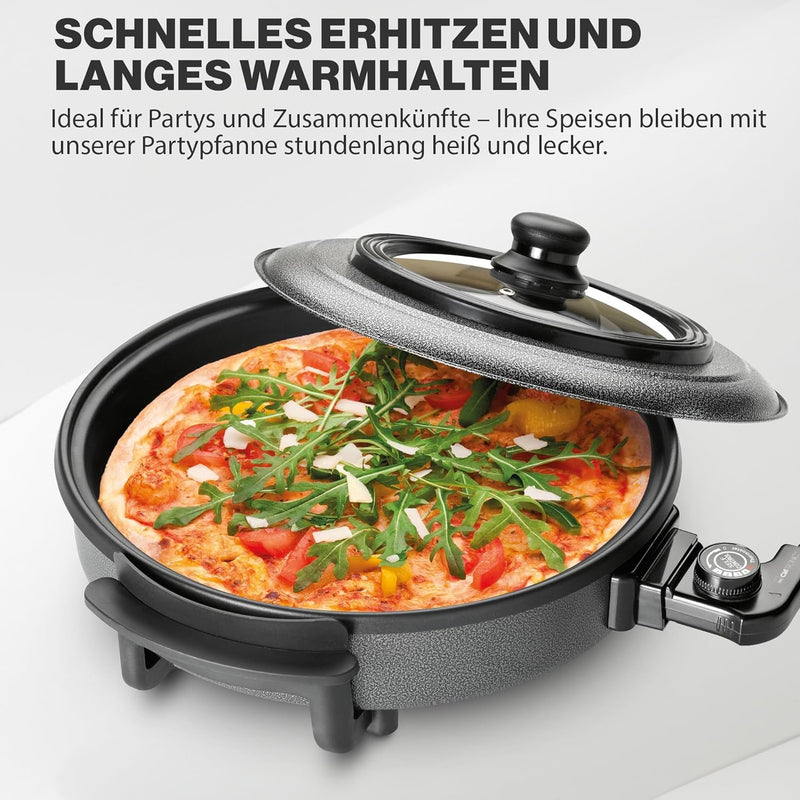 Clatronic PP 3402 Elektropfanne Pizza-/Partypfanne, mit Antihaftbeschichtung und Glas-Deckel, Ø 36 c