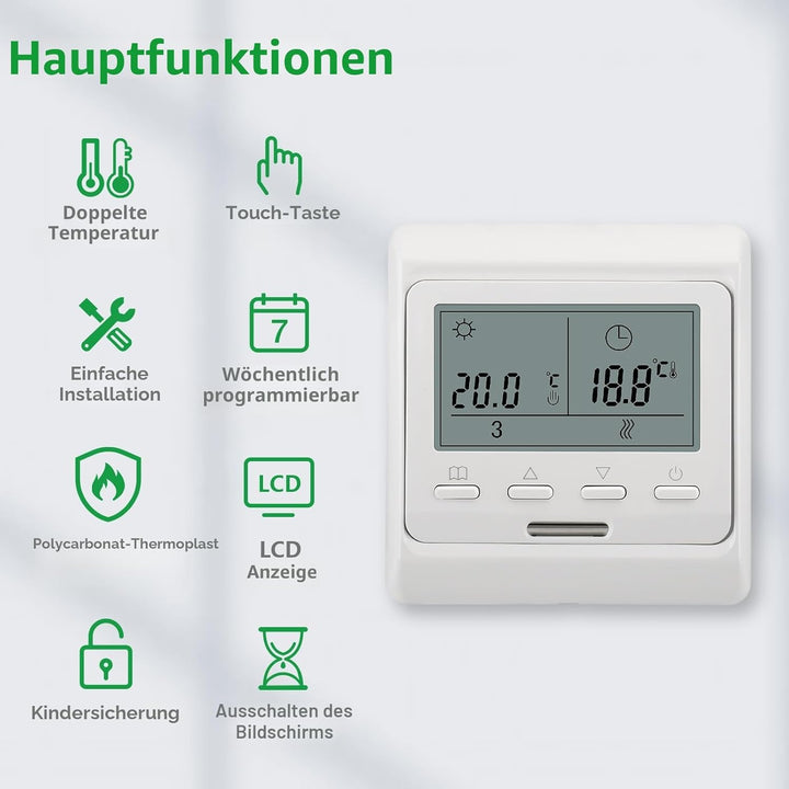 Wengart Elektro-Heizungsthermostat WG806, Ausgang 230V 16A, 7 Tage Programmierbar, Digitalanzeige, G