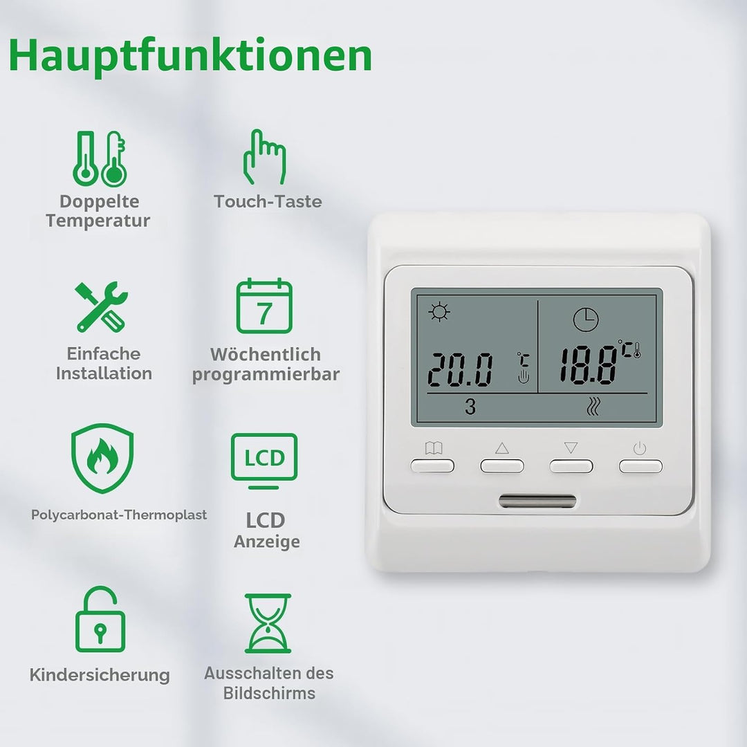 Wengart Elektro-Heizungsthermostat WG806, Ausgang 230V 16A, 7 Tage Programmierbar, Digitalanzeige, G