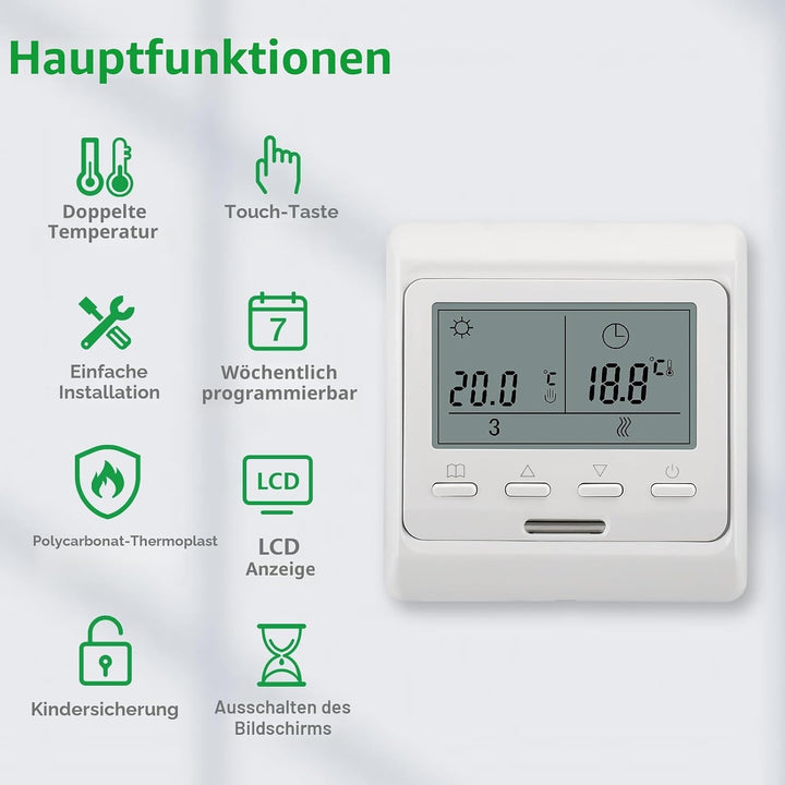 Wengart Elektro-Heizungsthermostat WG806, Ausgang 230V 16A, 7 Tage Programmierbar, Digitalanzeige, G