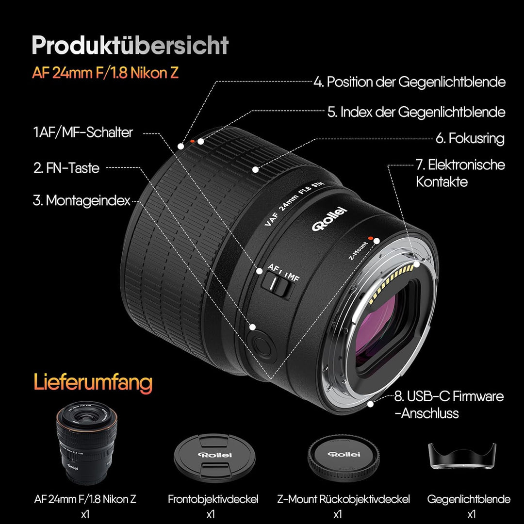 Rollei AF 24 mm F/1.8 Vollformat Objektiv für Nikon Z mit STM-Autofokus | HFT-X Beschichtung | Vollm
