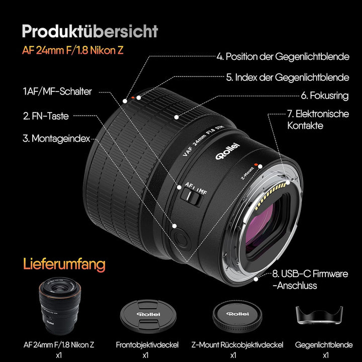 Rollei AF 24 mm F/1.8 Vollformat Objektiv für Nikon Z mit STM-Autofokus | HFT-X Beschichtung | Vollm