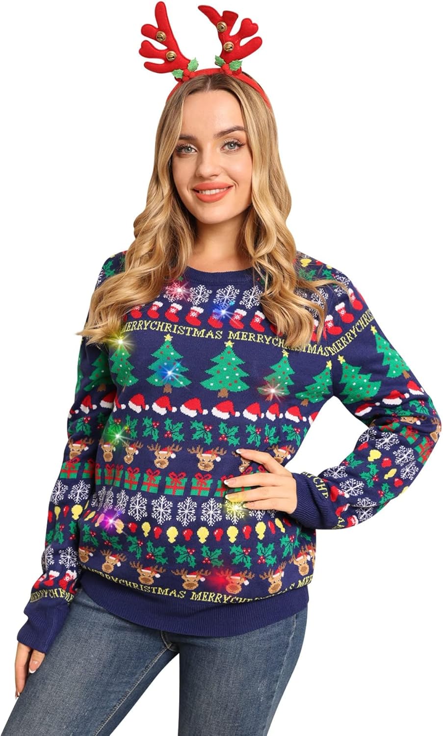 Belovecol Unisex Weihnachtspullover LED Ugly Christmas Sweater Pullover Langarm Strickpullover