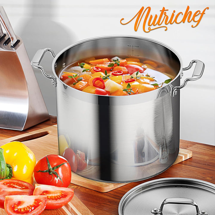 NutriChef Edelstahl Kochtopf 15,1L Induktion – Suppentopf mit Deckel, Profiqualität für Gastronomie