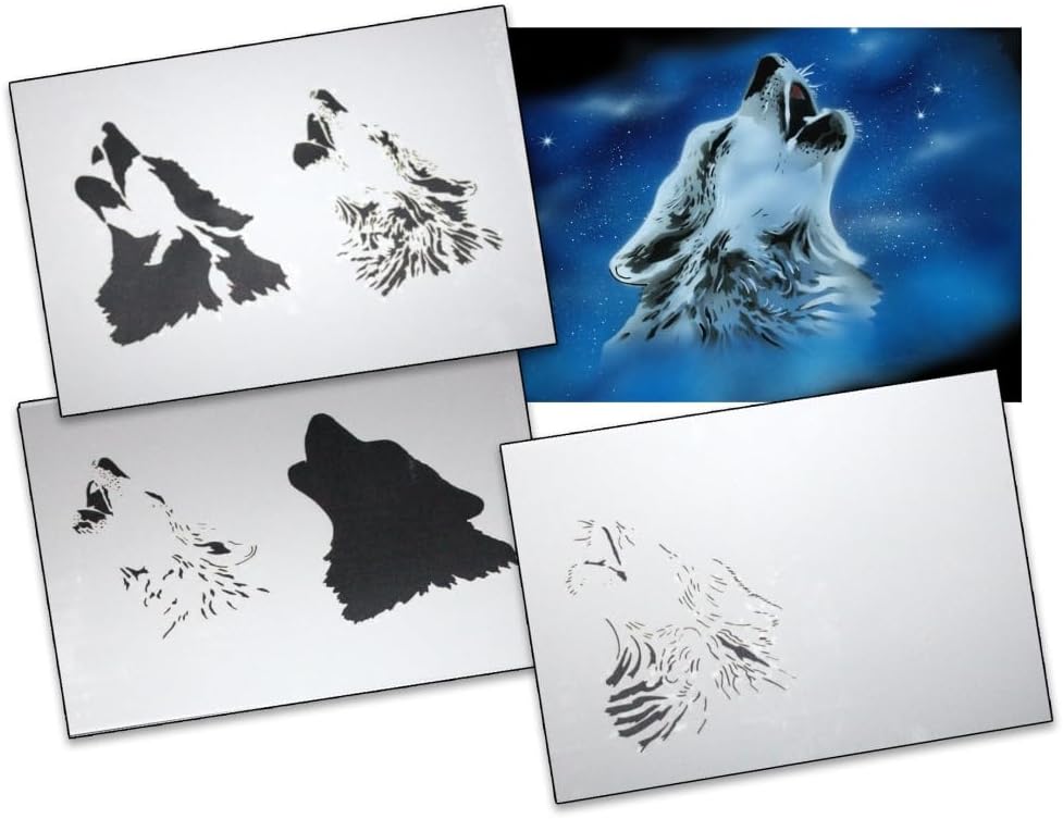AS-351 Wolf/Berge Step by Step Airbrushschablonen Set Grösse S, S