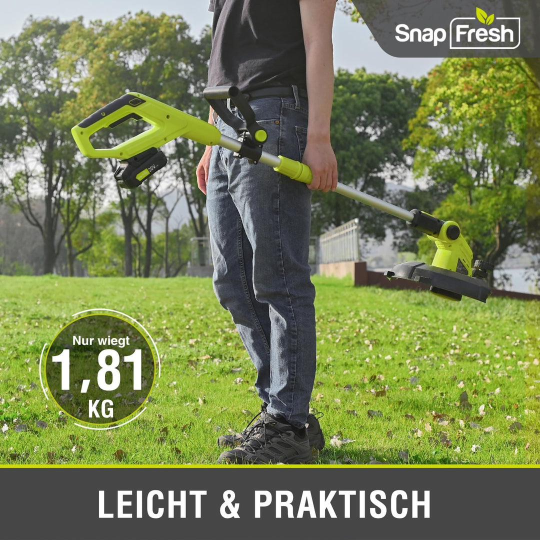 SnapFresh Akku-Rasentrimmer 20V Freischneider (mit Akku und Ladegerät, Schneller Fadenwechsel, 30.5c