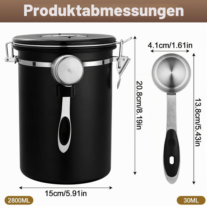 Kaffeedose Edelstahl, 2,8 L Kaffeebohnen Behälter aus Edelstahl, Luftdicht Vorratsdose mit Deckel, E