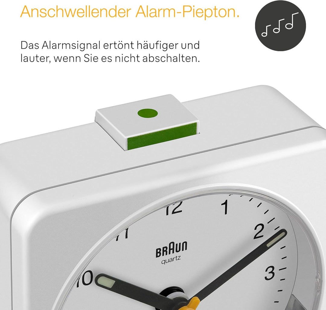 Braun Klassischer analoger Wecker mit Schlummerfunktion und Licht, ruhiges Quarzuhrwerk, Crescendo-A